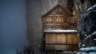 House cliff snow falling mountain - a cliff free wallpaper