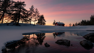 Small house reflection sunset woods - a small house free wallpaper