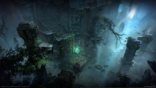 Dark forest building stairs green - the middle of it free wallpaper