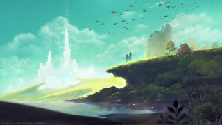 Fantasy landscape birds lake castle - a painting of a landscape free wallpaper