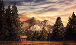 Cabin woods mountain sunset clouds - a cabin free wallpaper