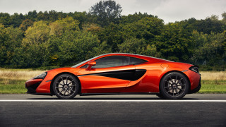 Red sports car road forest 5 - side profile free wallpaper