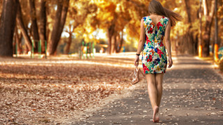 Woman leafed road park autumn - photorealistic free wallpaper for desktop