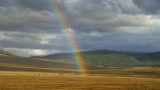 Rainbow mountains field animals sky - a matte painting free wallpaper for desktop