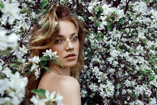 Woman flower tree blonde blue - didier mouron free wallpaper