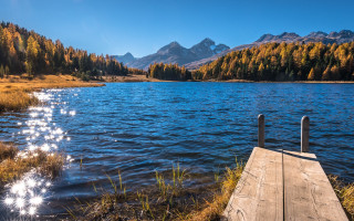 Lake mountains forest dock sky - the background and trees free wallpaper