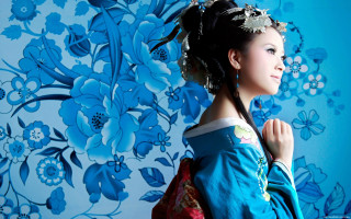Woman blue dress flower background 2 - a photorealistic painting free wallpaper for desktop