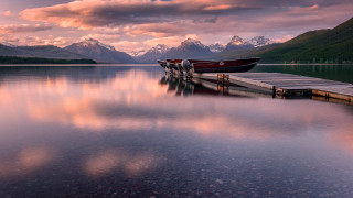 Lake mountains sunset boat pier 2 - a pier free wallpaper