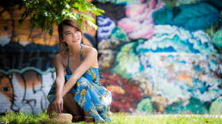 Woman blue dress basket hat - graffiti art free wallpaper