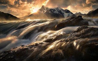 Mountain stream sunset clouds fantasy - a matte painting free wallpaper for desktop