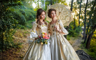 Two women flowers umbrellas forest - the wood together free wallpaper