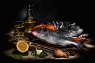 Fish wine lemon stilllife photorealism - still free wallpaper
