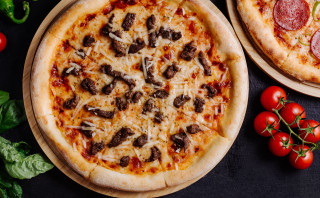 Pizza meat cheese basil tomatoes - a pizza free wallpaper