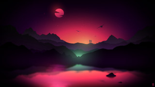 Mountain lake church night pink - anton fadeev free wallpaper