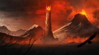 Tower mountain fire embers sunset - matte painting concept art free wallpaper