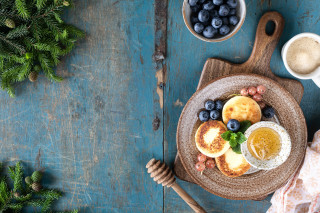 Pancakes blueberries coffee pine branches - private press free wallpaper