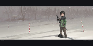Boy ski pole snow trees - art station free wallpaper