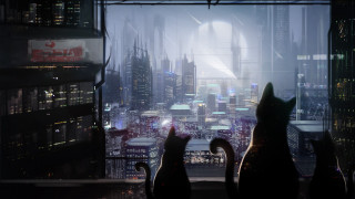 Cats city night neon cyberpunk - two cat free wallpaper
