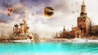 Castle lake hotairballoons fantasy matte 2 - a painting of a castle free wallpaper