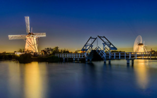 Windmill bridge night water blue - beautiful landscape free wallpaper