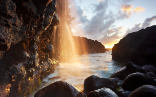 Waterfall rocks sunset sunlight forest - the rock free wallpaper