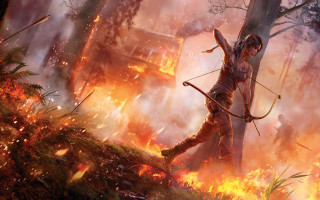 Woman bow arrow fire smoke - game art free wallpaper