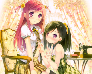 Girls sewing machine table background - a detailed painting free wallpaper
