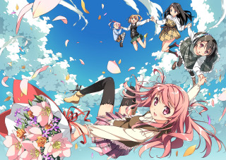 Anime girls flying flowers sky - neoromanticism free wallpaper