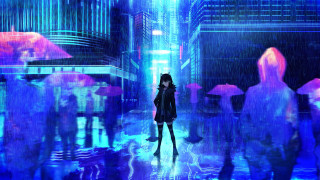 Neon cyberpunk woman cityscape glowing - a neon light behind her free wallpaper