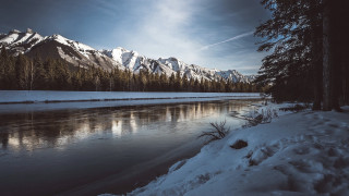River snow mountains clouds baretree - the ground and mountains free wallpaper