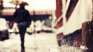 Woman umbrella rain city lights - a sidewalk free wallpaper