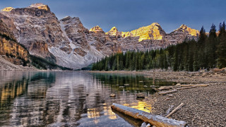 Lake mountains trees bench bridge - beautiful landscape free wallpaper