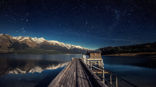 Dock clock lake mountains stars 2 - the middle of a lake free wallpaper