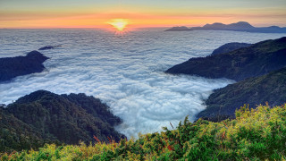 Mountain sunset clouds trees sea - arthur pan free wallpaper