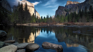 Mountain lake rocks trees clouds - a mountain lake free wallpaper