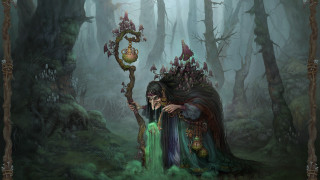 Woman green dress staff forest - a candle free wallpaper