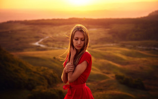Woman red dress sunset field - anka zhuravleva free wallpaper