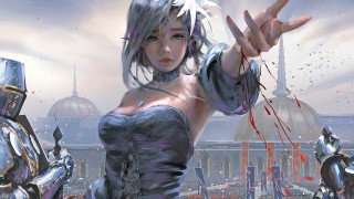 Futuristic woman robot city red - a red substance free wallpaper