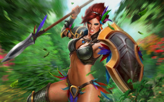 Woman bikini sword shield forest - flower and trees free wallpaper