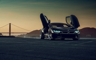 Black car open bridge ocean - its door free wallpaper