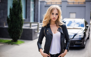 Woman blonde denim jacket street - a car free wallpaper
