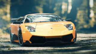 Yellow sports car woodland road - photorealistic lighting free wallpaper