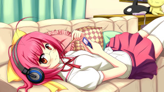 Pink haired girl laying couch - a pink hair free wallpaper