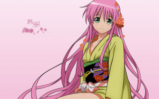 Pink haired girl kimono butterfly - above her free wallpaper