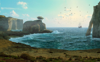 Boat rocky cliff tree birds - over the water free wallpaper