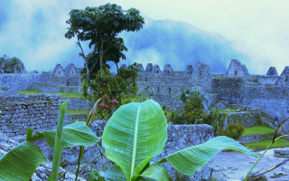 Stone building tree mountain clouds - free mountains wallpaper