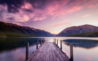 Dusk lake mountains pink sky - a matte painting free wallpaper for desktop