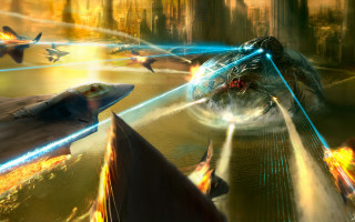 Fighterjets city night lasers explosion - afrofuturism free wallpaper