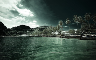Tropical island boat palm mountain - a tropical island free wallpaper