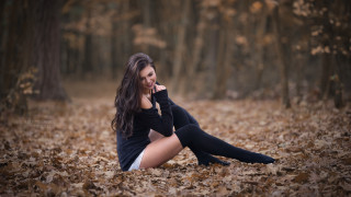 Woman forest autumn blurry sitting - the ground in a forest free wallpaper